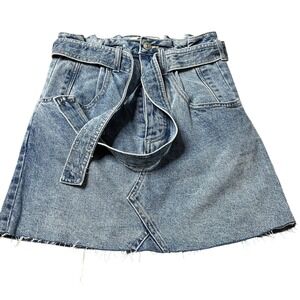 We The Free Denim Skirt Mini Paperbag Waist Belted‎ Pockets Frayed Women's